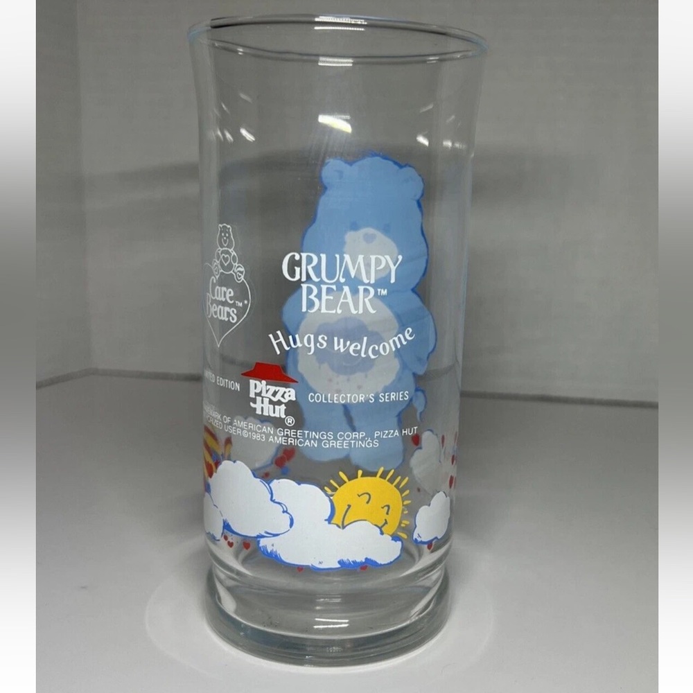 Vintage Care Bears Grumpy Bear Blue 6" Drinking Glass Tumbler Pizza Hut - Picture 2 of 2